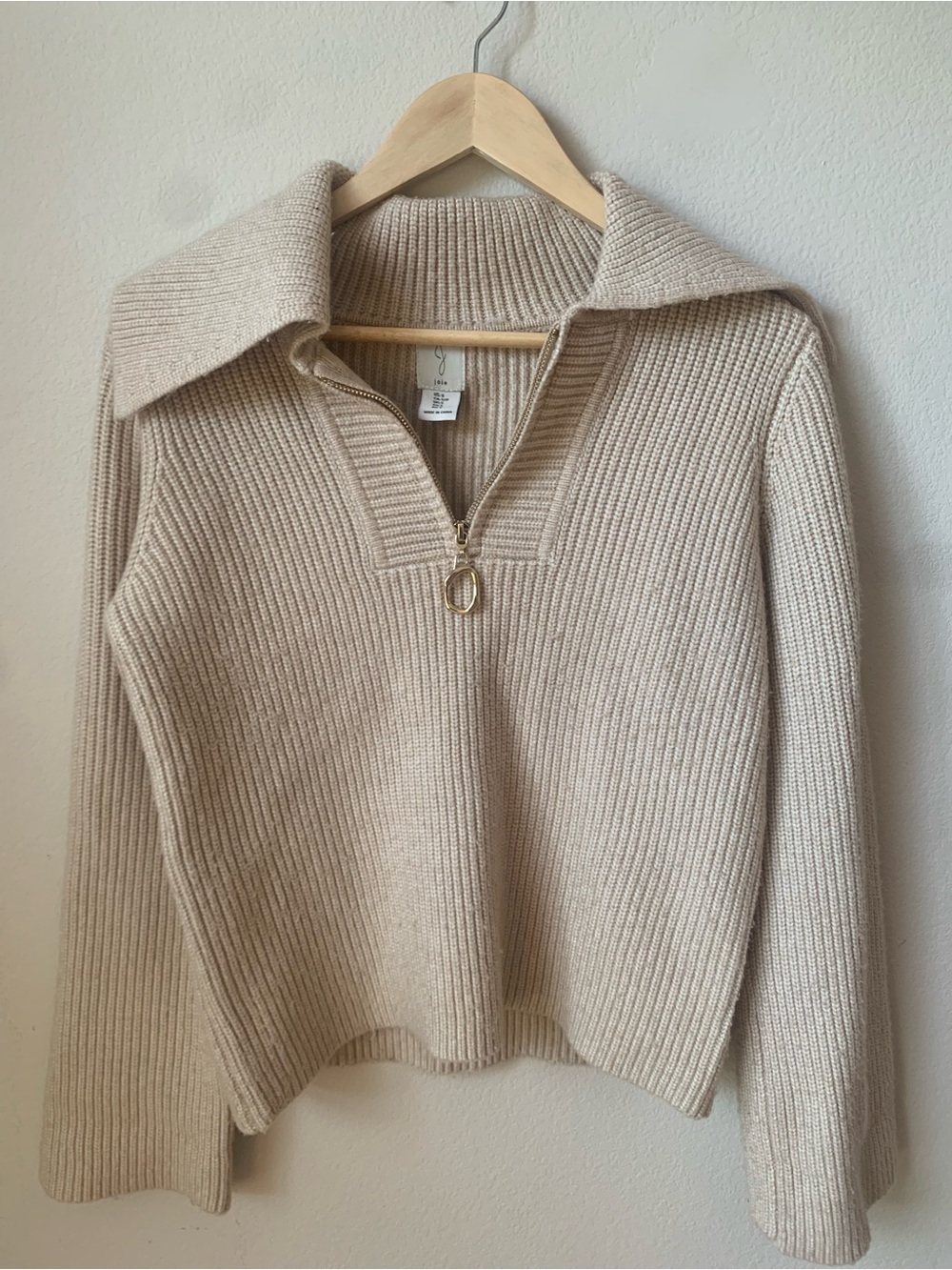 Joie Ribbed Zip-Neck Sweater in Beige